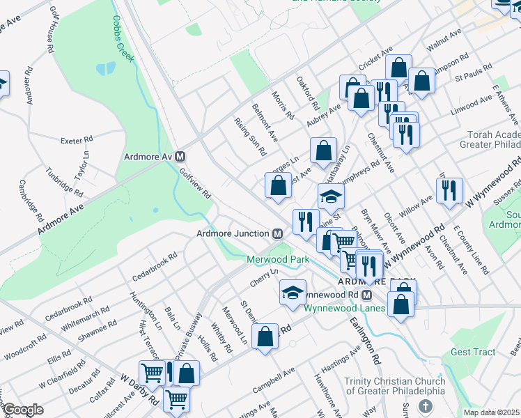 map of restaurants, bars, coffee shops, grocery stores, and more near 2800 Haverford Road in Ardmore
