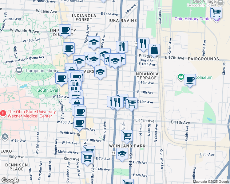 map of restaurants, bars, coffee shops, grocery stores, and more near in Columbus