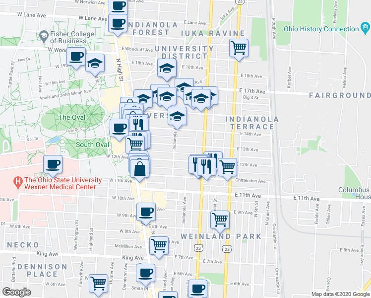 map of restaurants, bars, coffee shops, grocery stores, and more near 183 East 13th Avenue in Columbus
