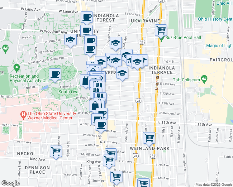 map of restaurants, bars, coffee shops, grocery stores, and more near 127 East 13th Avenue in Columbus