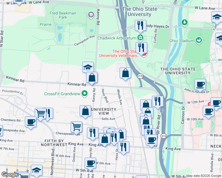 map of restaurants, bars, coffee shops, grocery stores, and more near 917 Kinnear Road in Columbus