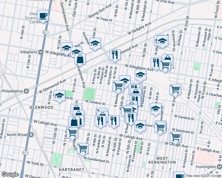 map of restaurants, bars, coffee shops, grocery stores, and more near 3008 North 7th Street in Philadelphia