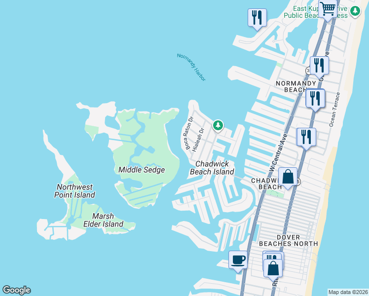 map of restaurants, bars, coffee shops, grocery stores, and more near 459 Boca Raton Drive in Lavallette
