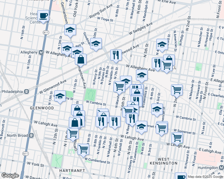map of restaurants, bars, coffee shops, grocery stores, and more near 3008 North 7th Street in Philadelphia