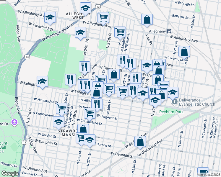 map of restaurants, bars, coffee shops, grocery stores, and more near 2605 West Silver Street in Philadelphia