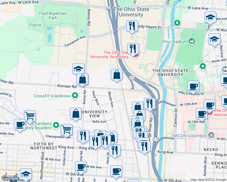 map of restaurants, bars, coffee shops, grocery stores, and more near 815 Kinnear Road in Columbus