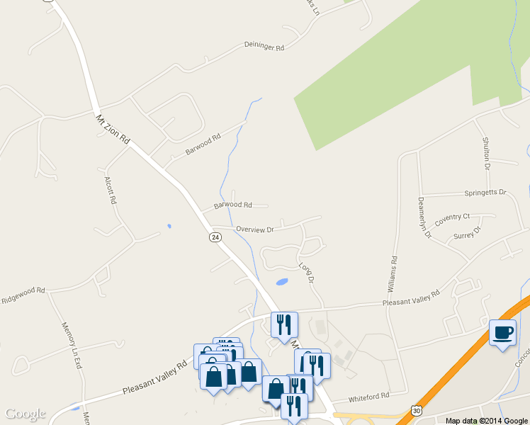 map of restaurants, bars, coffee shops, grocery stores, and more near 3394 Barwood Road in York