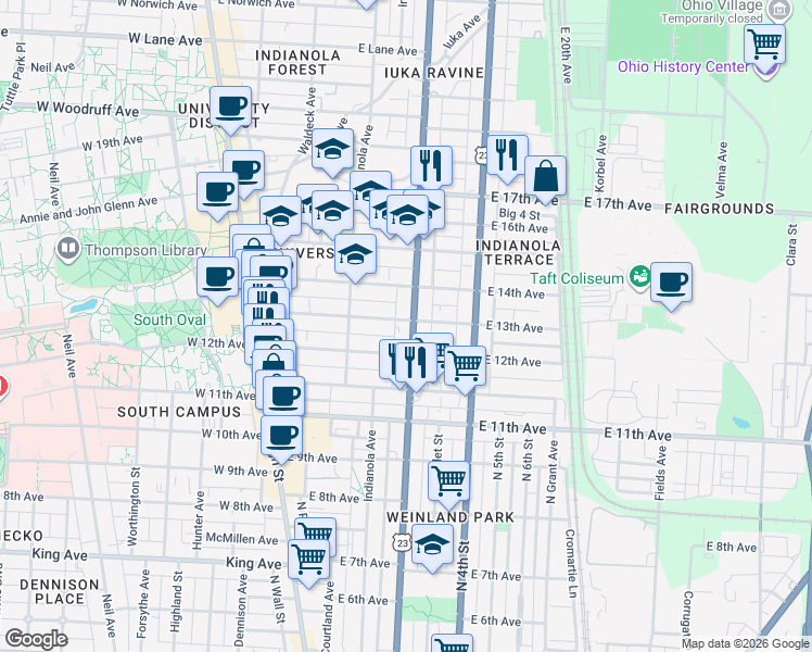 map of restaurants, bars, coffee shops, grocery stores, and more near 240 East 13th Avenue in Columbus