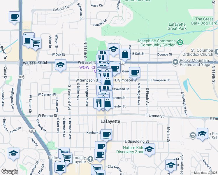 map of restaurants, bars, coffee shops, grocery stores, and more near 105 East Cleveland Street in Lafayette