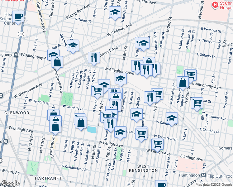 map of restaurants, bars, coffee shops, grocery stores, and more near 3028 North 5th Street in Philadelphia