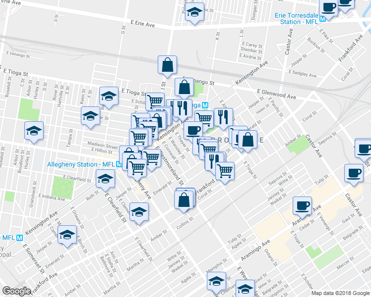 map of restaurants, bars, coffee shops, grocery stores, and more near 3358 Jasper Street in Philadelphia