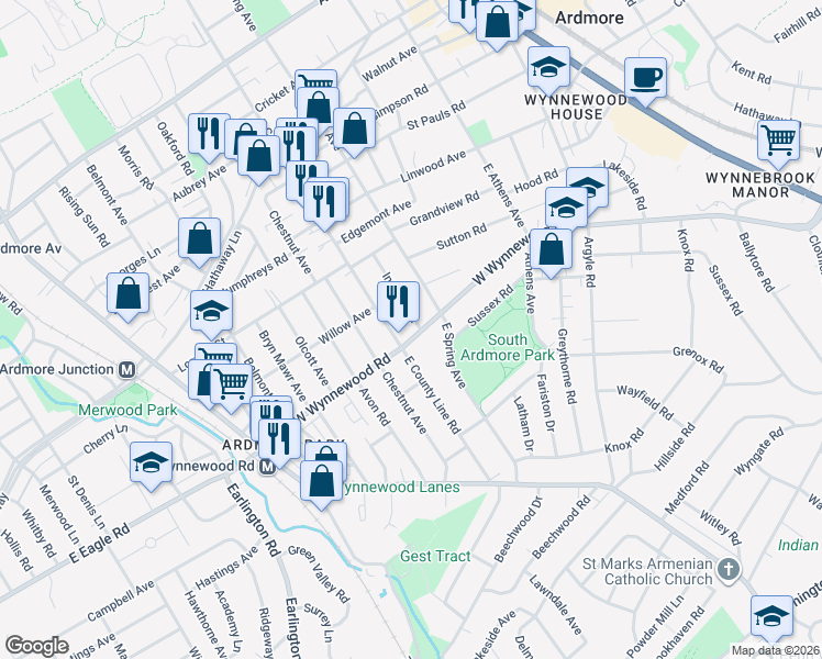 map of restaurants, bars, coffee shops, grocery stores, and more near 1519 Wynnewood Road in Ardmore