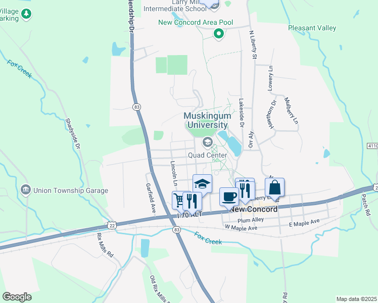 map of restaurants, bars, coffee shops, grocery stores, and more near 156 Montgomery Boulevard in New Concord