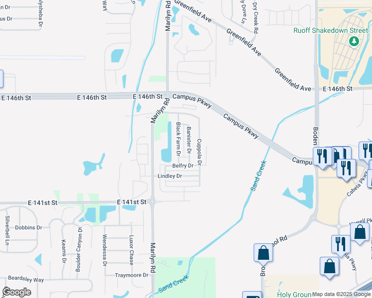 map of restaurants, bars, coffee shops, grocery stores, and more near 14339 Banister Drive in Noblesville