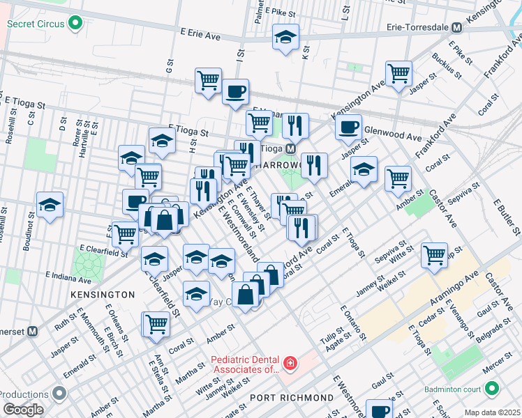 map of restaurants, bars, coffee shops, grocery stores, and more near 3358 Jasper Street in Philadelphia