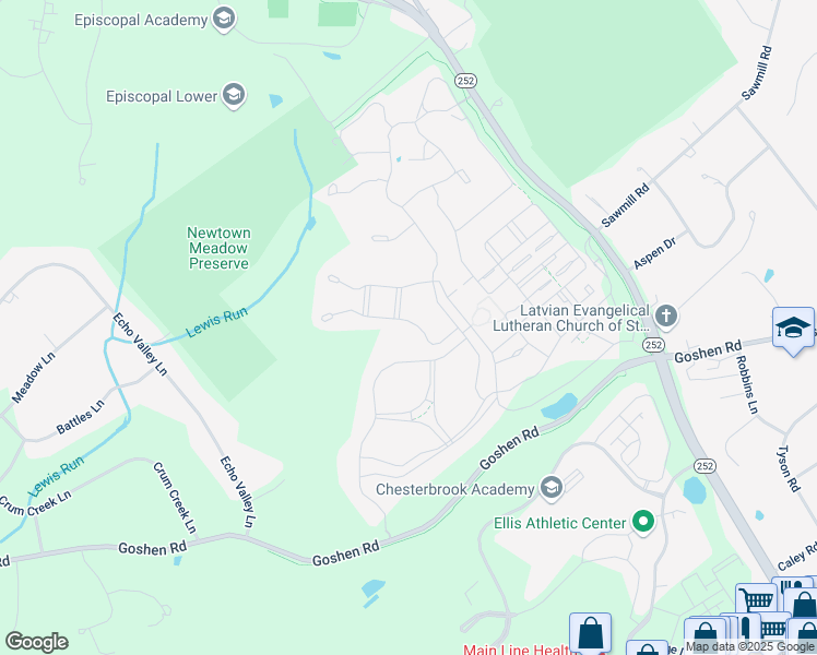 map of restaurants, bars, coffee shops, grocery stores, and more near 3905 Lewis Run Road in Newtown Square