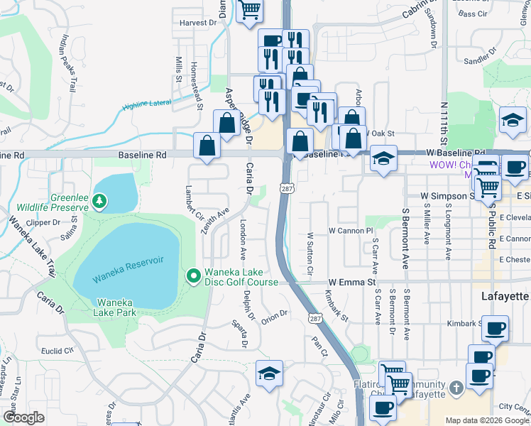 map of restaurants, bars, coffee shops, grocery stores, and more near 220 Wellington Avenue in Lafayette