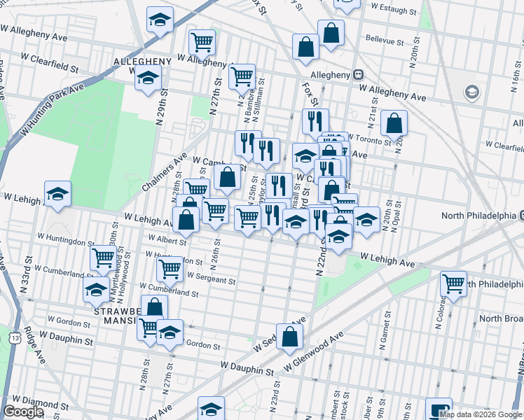 map of restaurants, bars, coffee shops, grocery stores, and more near 2763 North Ringgold Street in Philadelphia