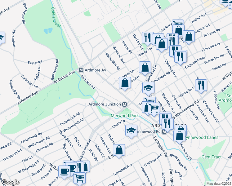 map of restaurants, bars, coffee shops, grocery stores, and more near 2800 Haverford Road in Ardmore