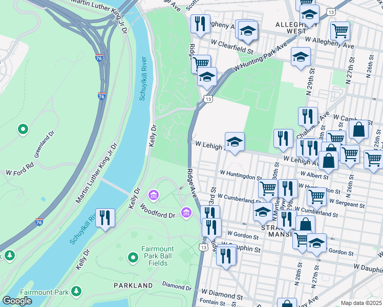 map of restaurants, bars, coffee shops, grocery stores, and more near 3489 Ridge Avenue in Philadelphia
