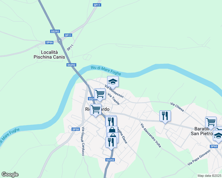 map of restaurants, bars, coffee shops, grocery stores, and more near 12 Via Montessori in Riola Sardo