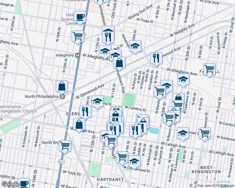 map of restaurants, bars, coffee shops, grocery stores, and more near 1031 West Stella Street in Philadelphia