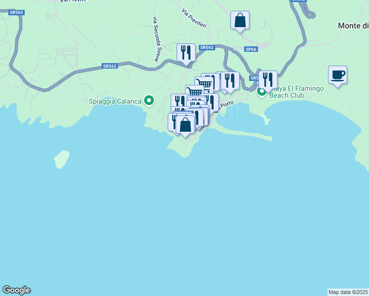 map of restaurants, bars, coffee shops, grocery stores, and more near Via Antonio Simone in Marina di Camerota