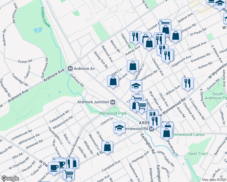 map of restaurants, bars, coffee shops, grocery stores, and more near 2717 Haverford Road in Ardmore