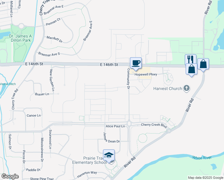 map of restaurants, bars, coffee shops, grocery stores, and more near Simplicity Parkway in Carmel