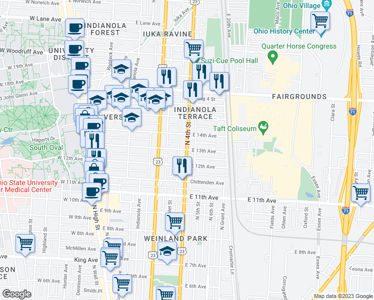 map of restaurants, bars, coffee shops, grocery stores, and more near North 4th Street & East 13th Avenue in Columbus