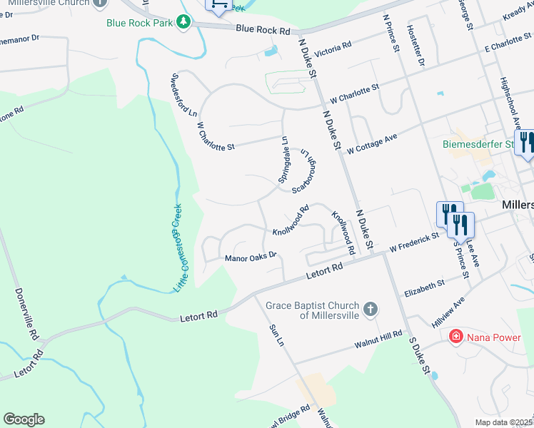 map of restaurants, bars, coffee shops, grocery stores, and more near 33 Burr Oak Drive in Millersville