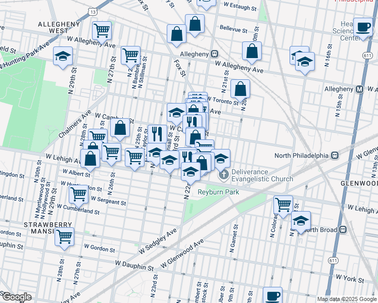 map of restaurants, bars, coffee shops, grocery stores, and more near 2211 West Somerset Street in Philadelphia