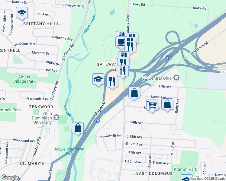 map of restaurants, bars, coffee shops, grocery stores, and more near 1375 North Cassady Avenue in Columbus