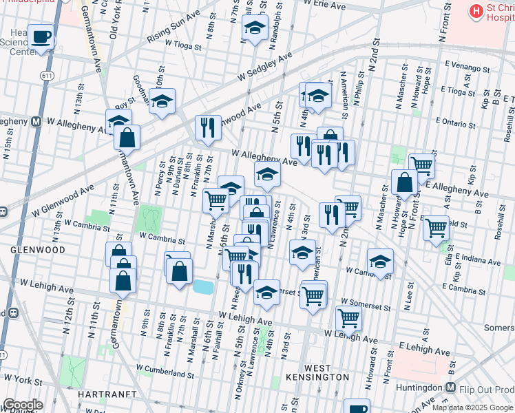 map of restaurants, bars, coffee shops, grocery stores, and more near 3028 North 5th Street in Philadelphia