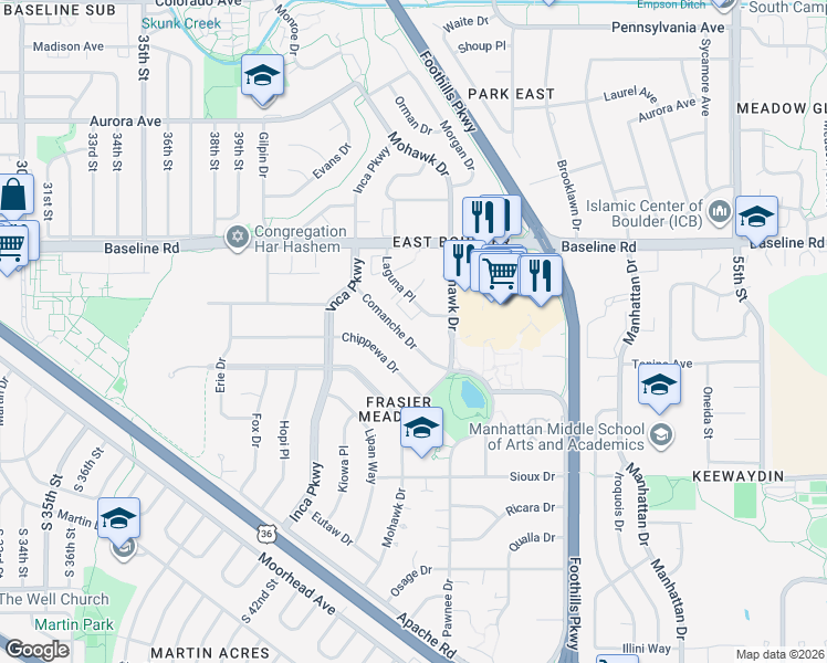map of restaurants, bars, coffee shops, grocery stores, and more near 4465 Comanche Drive in Boulder