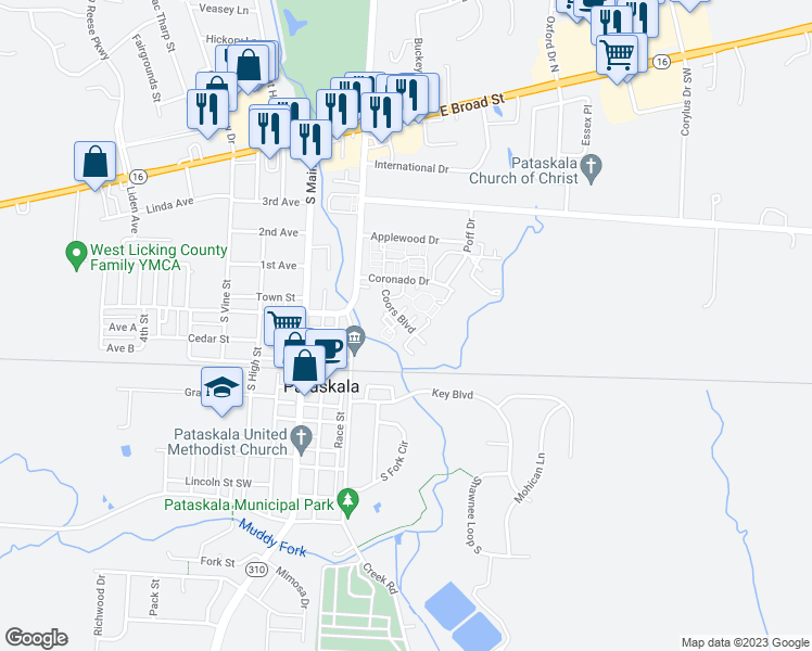 map of restaurants, bars, coffee shops, grocery stores, and more near 164 Coors Boulevard in Pataskala