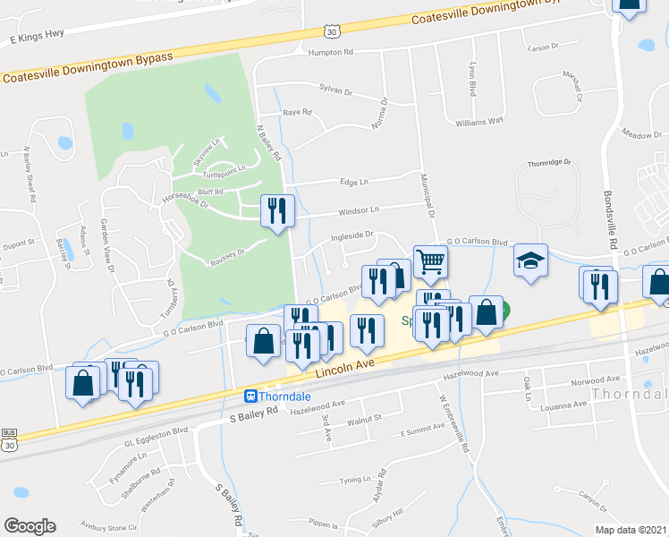 map of restaurants, bars, coffee shops, grocery stores, and more near 13 Courtney Lane in Thorndale