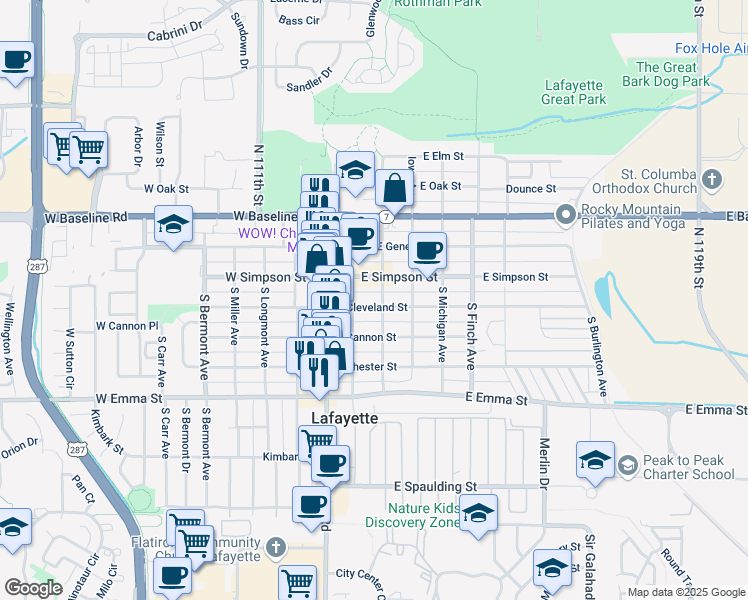 map of restaurants, bars, coffee shops, grocery stores, and more near 209 East Cleveland Street in Lafayette