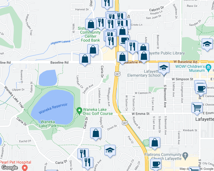 map of restaurants, bars, coffee shops, grocery stores, and more near 1160 Somerset Street in Lafayette
