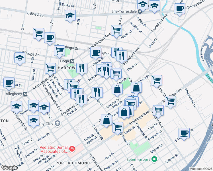 map of restaurants, bars, coffee shops, grocery stores, and more near 2069 Kingston Street in Philadelphia