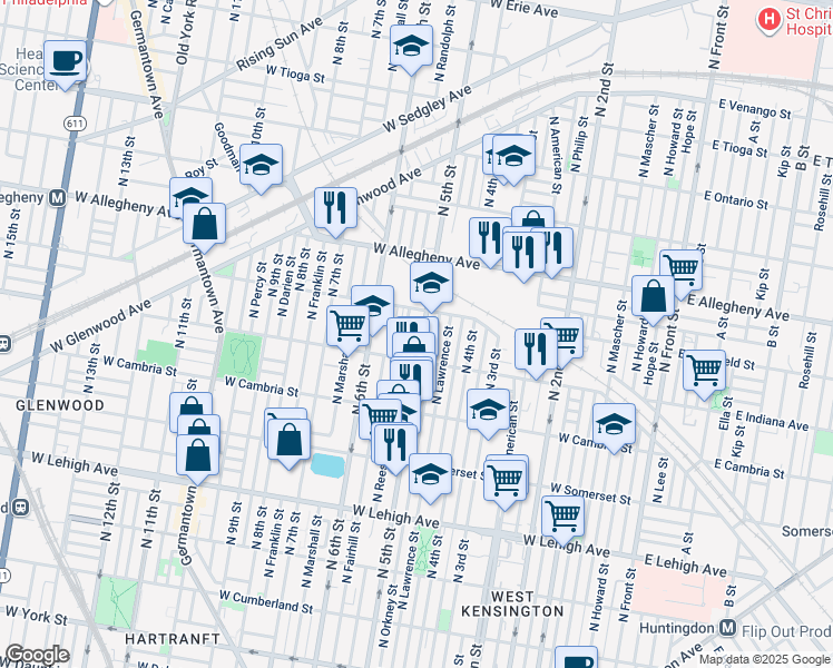 map of restaurants, bars, coffee shops, grocery stores, and more near 3030 North 5th Street in Philadelphia