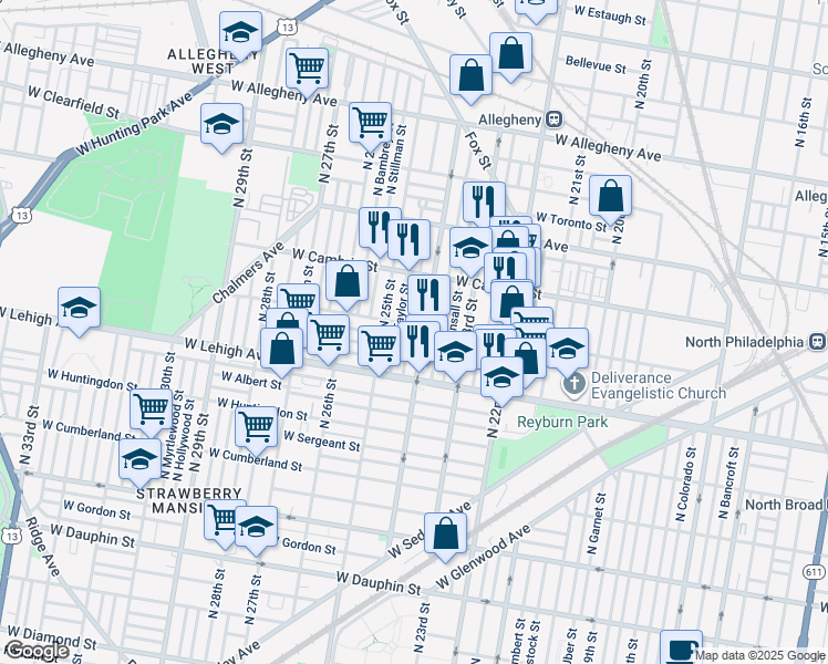 map of restaurants, bars, coffee shops, grocery stores, and more near 2763 North Ringgold Street in Philadelphia
