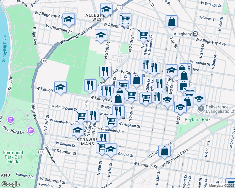 map of restaurants, bars, coffee shops, grocery stores, and more near 2722 West Silver Street in Philadelphia