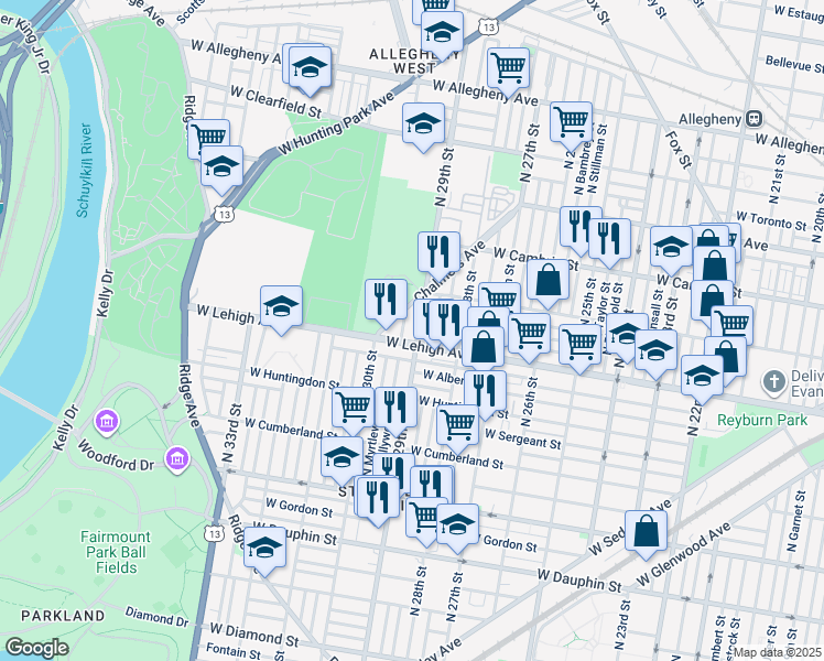 map of restaurants, bars, coffee shops, grocery stores, and more near 2712 North 29th Street in Philadelphia
