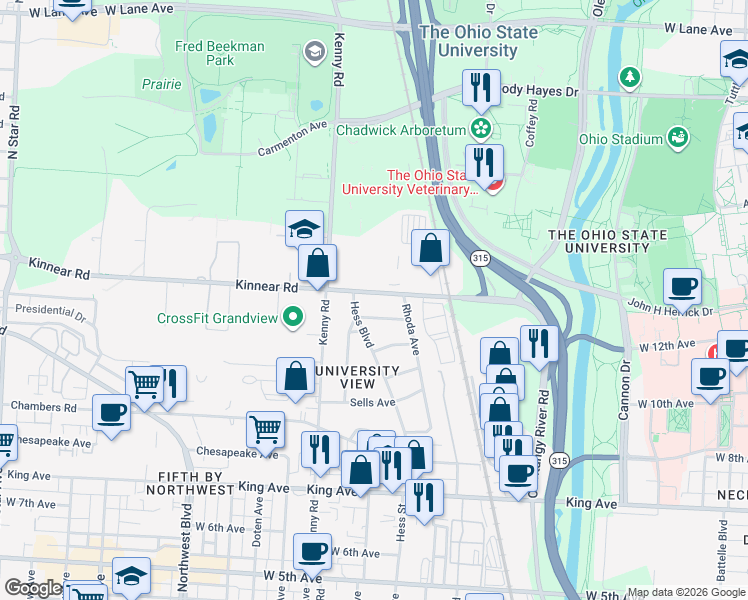 map of restaurants, bars, coffee shops, grocery stores, and more near 917 Kinnear Road in Columbus