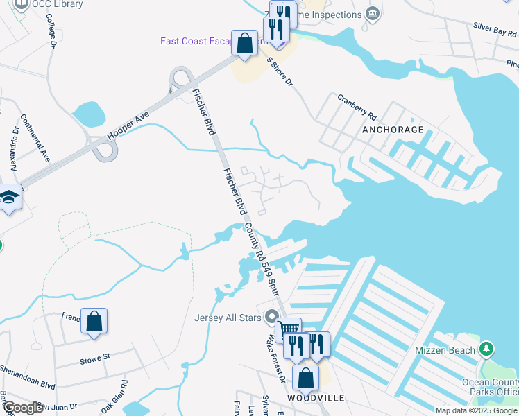 map of restaurants, bars, coffee shops, grocery stores, and more near 2418 Waters Edge Drive in Toms River