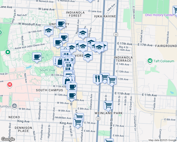 map of restaurants, bars, coffee shops, grocery stores, and more near 127 East 13th Avenue in Columbus