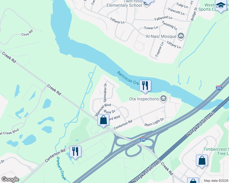 map of restaurants, bars, coffee shops, grocery stores, and more near 244 Starboard Way in Mount Laurel Township