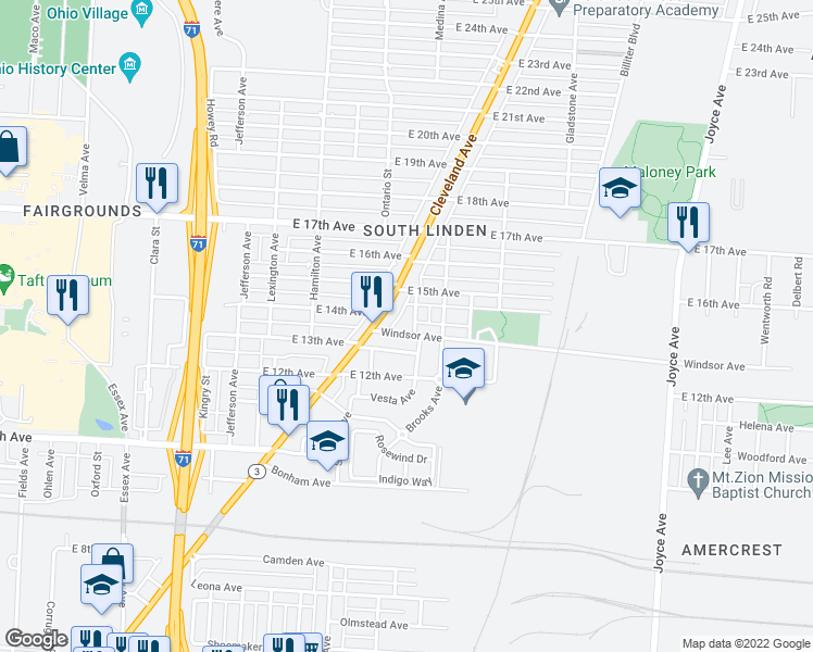 map of restaurants, bars, coffee shops, grocery stores, and more near 1132 Windsor Avenue in Columbus