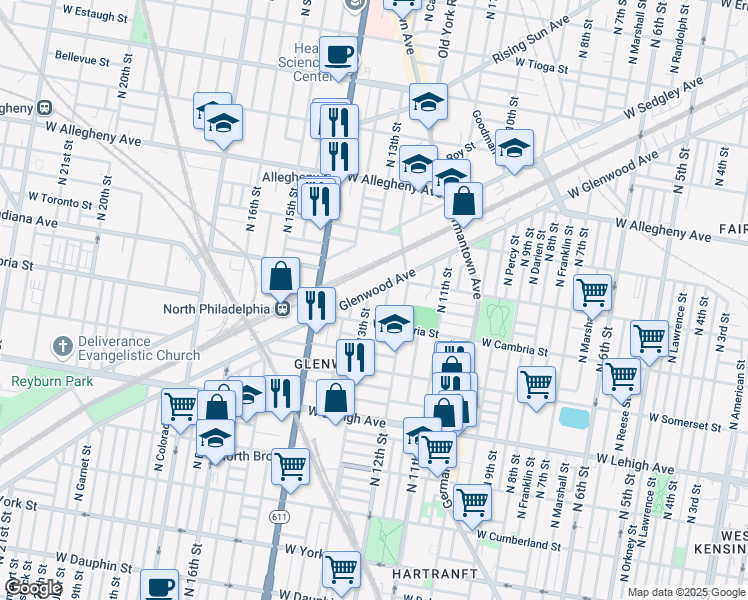map of restaurants, bars, coffee shops, grocery stores, and more near 2931 N 13th St in Philadelphia